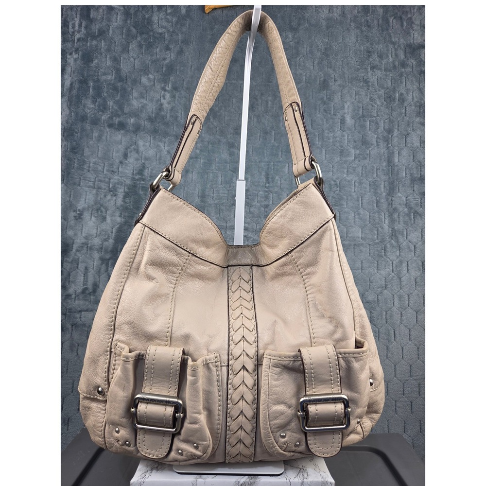 Tignanello Cream Pebbled Leather Hobo Bag Braided Detail Cargo Pockets Large